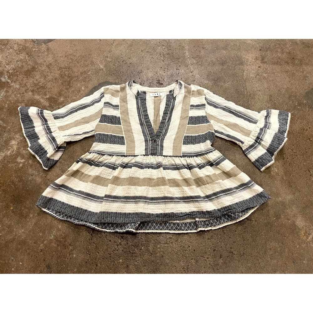 THML Babydoll Top Womens S Beige Cotton Striped Pleated Bell Sleeve Fashionable